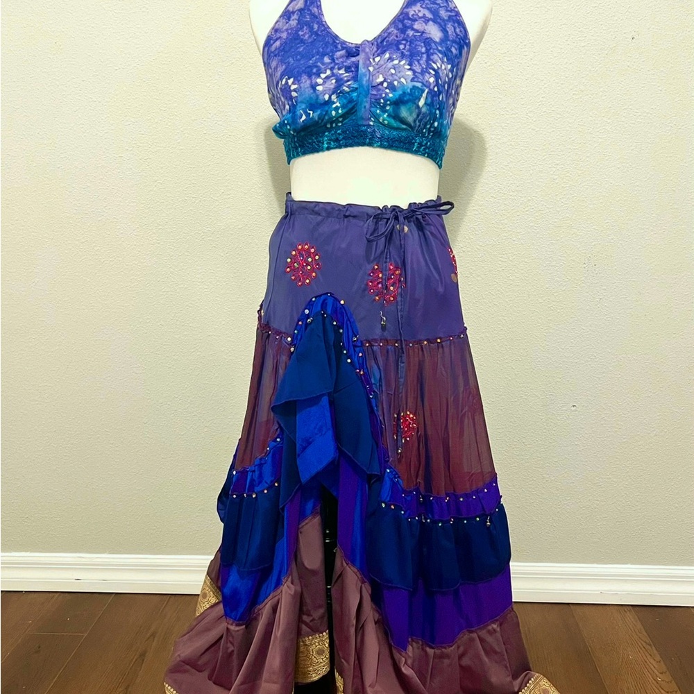 One of a kind boho chic purple and blue Women's recycled sari silk skirt